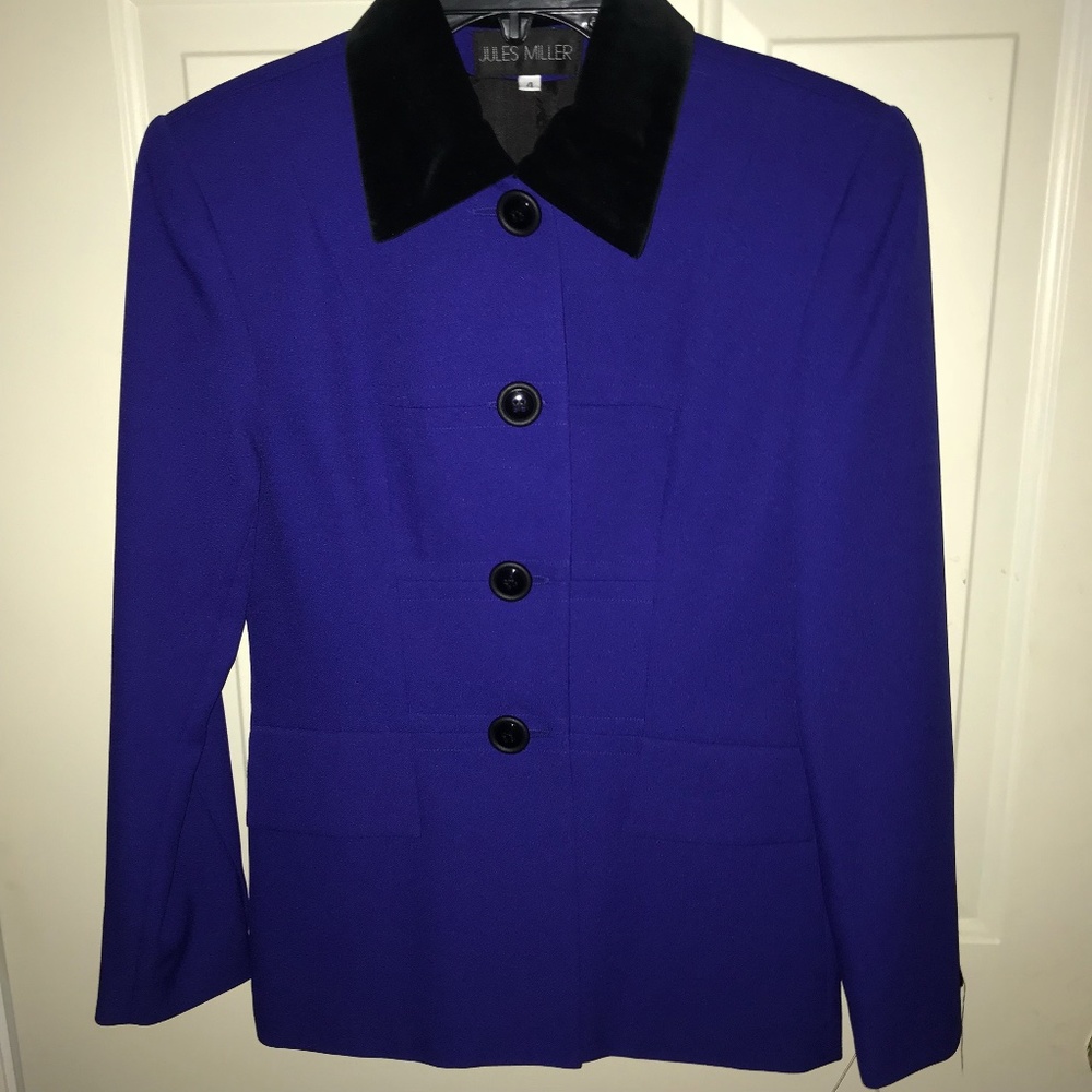 Vintage Jules Miller Royal Blue Black Velvet Collar Suit 2 PC Jacket & Skirt Set